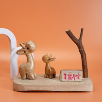 木雕长颈鹿一鹿相伴香樟木雕刻家居创意摆件实木复古怀旧生日礼物