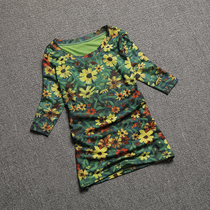 碎花中袖五分袖t恤女新款修身网纱打底衫时尚小衫蕾丝绿色上衣