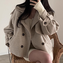 韩国chic秋冬法式复古西装领双排扣口袋小众宽松百搭毛呢短外套女