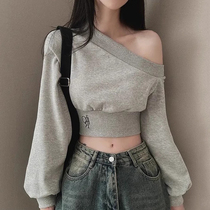 韩国chic春季小众个性不规则斜领露肩收腰显瘦百搭短款长袖卫衣女