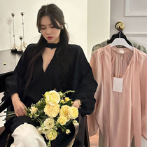 韩国chic秋季优雅气质V领飘带设计宽松休闲百搭纯色长袖衬衫上衣