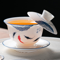 手绘可悬停三才盖碗茶杯羊脂玉白瓷盖子悬浮泡茶碗单个敬茶碗茶具