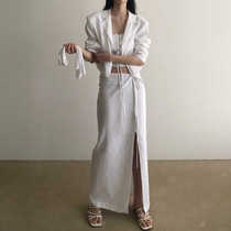 白色夏天亚麻薄款小西装套装女韩版adelio简约开叉半身裙两件套