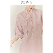 SHIBAI拾白新中式春夏季粉色天丝麻盘扣复古气质素雅连衣裙女长裙