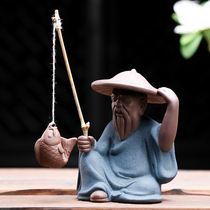 小人物摆件茶宠创意姜太公钓鱼哥窑紫砂精品复古茶道装饰趣味造景