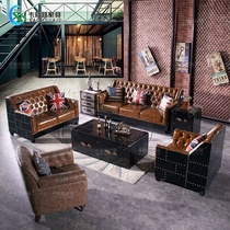 英伦风创意黑色油蜡皮工业风沙发美式复古真皮雪茄吧铁艺酒吧异形