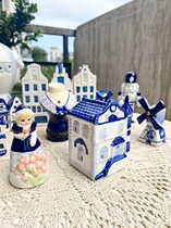 外贸荷兰代尔夫特蓝白陶瓷房子摆件蓝彩首饰盒风车微景观场景装饰