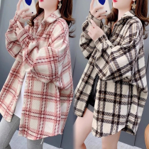 大码女装中长款格子加厚衬衫女秋冬季新款韩版宽松设计感上衣外套