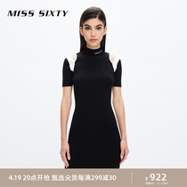 Miss Sixty法式连衣裙女撞色性感短袖气质半高领挖肩小黑裙针织裙