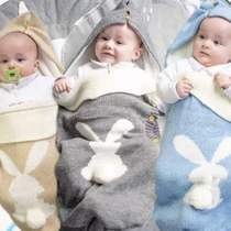 INS新款欧美纯色婴儿针织兔子纽扣睡袋户外推车毛线宝宝睡袋现货