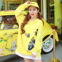 2022秋季新款韩版套头宽松上衣女百搭假两件长袖学生黄色可爱卫衣
