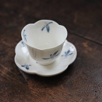 茶道 白色陶瓷蓝染手绘兰花品茗茶杯 葵口形茶杯托碟 盖碗 公道杯