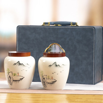 高档茶叶皮箱礼盒大红袍肉桂手提式皮盒包装盒明前龙井手绘陶瓷罐