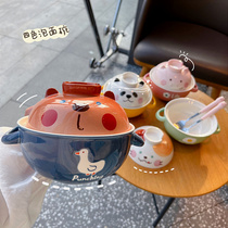 韩式可爱少女心宿舍学生泡面碗带盖可微波炉家用双耳汤碗方便面碗