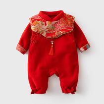 婴儿春秋季红色喜庆连体衣新年装爬服拜年服宝宝满月白天礼服哈衣