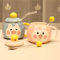 陶瓷马克杯可爱猫咪卡通杯子情侣男女水杯咖啡杯带盖勺早餐吸管杯