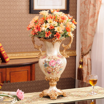 欧式典雅树脂花瓶奢华双耳大号金色餐厅摆设客厅装饰复古餐桌台面