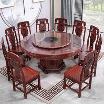 全实木中式餐桌椅组合带转盘大圆桌家用饭桌子橡木仿古雕花圆餐桌