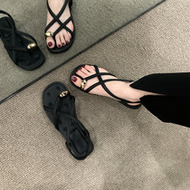 凉鞋女夏外穿2024新款黑色高级感法式晚风仙女配裙子罗马平底鞋子