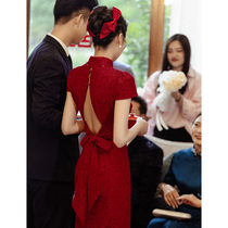 红色旗袍敬酒服新娘订婚礼服女新中式出门纱露背夏季大气2024新款