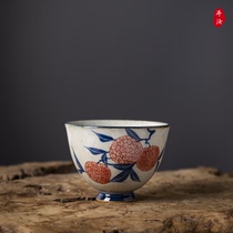 手绘复古景德镇茶杯青花瓷主人杯纯手工单杯中式釉里红陶瓷品茗杯