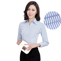 职业装衬衣女式正装领白底蓝色竖条纹长袖衬衫修身方领银行工作服