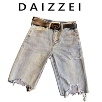 DAIZZEI~<em>破洞牛仔短裤</em>女2022夏季新款时尚高腰显瘦毛边五分直筒裤