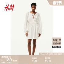HM女装连衣裙2024夏季新款休闲大廓形系带V领灯笼袖短裙1232463