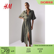 HM女装连衣裙2024夏季 新款垂感短袖腰部系带衬衫式中长裙1217576
