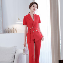 西装外套夏短袖新款女设计感红色薄款西服OL职业正装套装女两件套