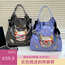 明星高圆圆同款上身日本闪电猫系列刺绣环保袋刺绣尼龙包购物袋
