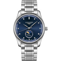 <em>瑞士浪琴名匠</em>系列机械男表月相镶钻钢带蓝盘手表L2.909.4.97.6