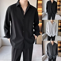 冰丝黑色衬衫男士长袖春夏新款垂感宽松白衬衣外套休闲套装潮薄款