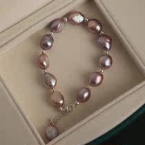 特价清货出天然淡水紫色巴洛克珍珠S925纯银气质手链手饰售完下架