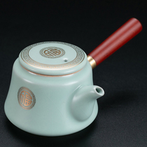 汝窑描金福茶壶防烫木把壶陶瓷功夫泡茶器可养开片纯色茶具单品
