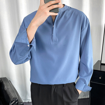2021新款春季轻奢衬衫男士长袖立领韩版潮流垂感上衣高级衬衣男装
