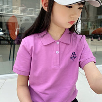 儿童翻领短袖T恤女童紫色体恤POLO衫夏季纯棉带领子上衣吸汗运动