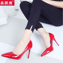 SM女单鞋2024新款尖头高跟红色气质高跟鞋细跟性感黑色浅口工作鞋