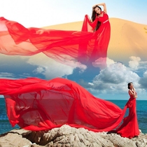 大红色头纱沙漠婚纱摄影拍照纱巾旅拍道具森系超长拖尾5米软素纱
