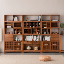 溪木工坊实木书柜新中式老榆木书架客厅整墙展示柜书房家用置物柜