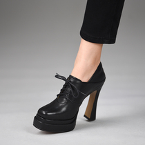 misili系带深口单鞋春秋季新款11.5cm黑色高跟鞋粗跟厚底真皮女鞋