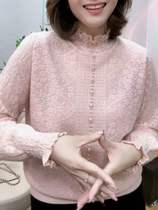 半高领蕾丝粉色打底衫女长袖2024秋冬季新款时尚洋气内搭针织上衣