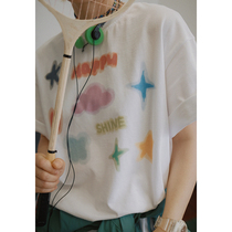 STILLYOU原创梦幻星空涂鸦印花圆领短袖T恤女宽松套头长袖t-shirt