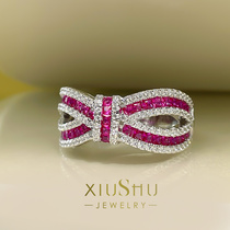 XIUSHU高珠款立体蝴蝶结红宝石戒指925纯银精工微镶嵌女新品