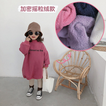 冬季女童韩版加绒长袖卫衣儿童中长款宽松字母宝宝加厚紫色连衣裙