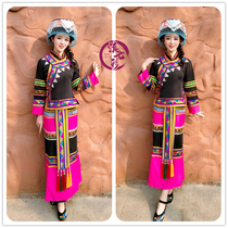 新款拉祜族女装玫红色筒裙长袖套装黑色佤族女装滇七彩民族服装