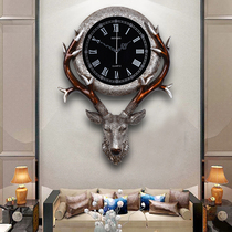 欧式钟表客厅创意复古鹿头挂钟玄关轻奢家用北欧美式静音时钟挂墙