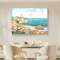 北欧海边风景装饰画田园风光治愈系餐厅挂画横版客厅饭厅单幅壁画