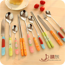 可爱水果日式餐具骨瓷韩式学生创意刀叉 不锈钢勺子筷子便携套装