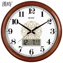 汉时挂钟钟表客厅欧式万年历实木创意大气时钟现代家用石英钟HW91